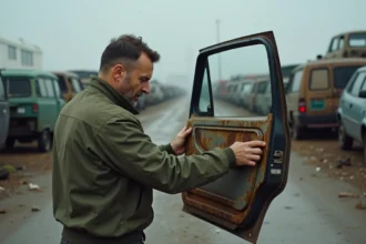 Mécanicien inspectant une pièce de carrosserie dans une casse automobile en Loire-Atlantique