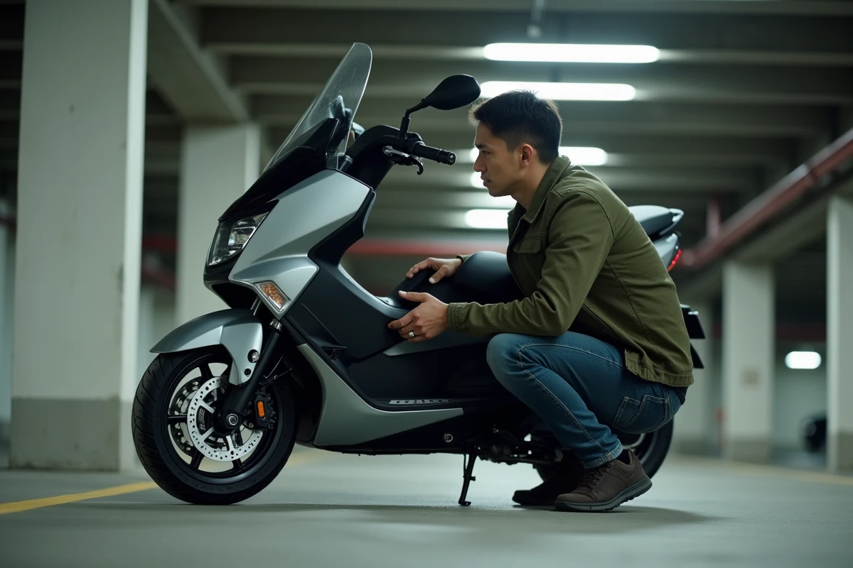 Homme inspectant un TMAX 2026 d'occasion dans un parking pour évaluer son état avant achat