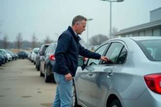 Homme inspectant une voiture d'occasion dans un parc automobile en plein air pour acheter moins cher