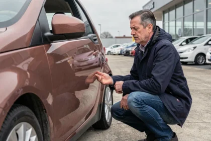 Homme inspectant une voiture sans permis d'occasion dans un parc automobile