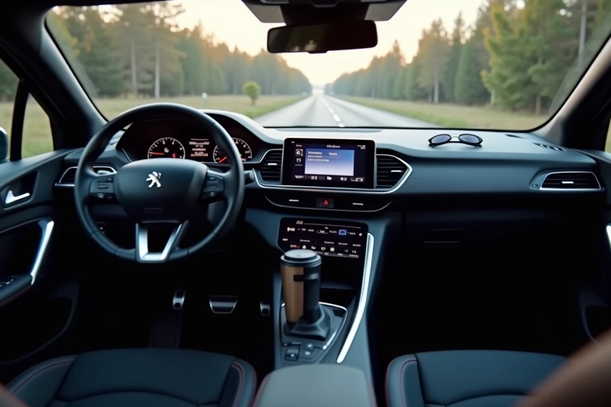 Intérieur de la Peugeot 308 avec tableau de bord, écran tactile et i-Cockpit vus depuis la banquette arrière