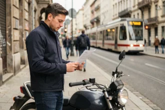 Jeune homme consultant son contrat d'assurance 125cc à côté de sa moto en ville