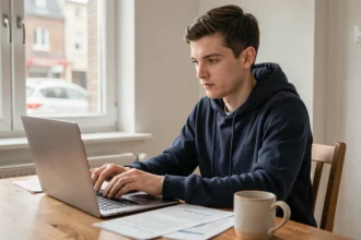 Jeune conducteur consultant son assurance auto sur un ordinateur portable à la maison