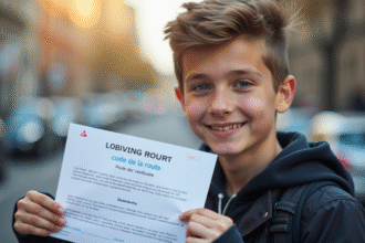 Jeune adulte tenant un certificat de code de la route en extérieur