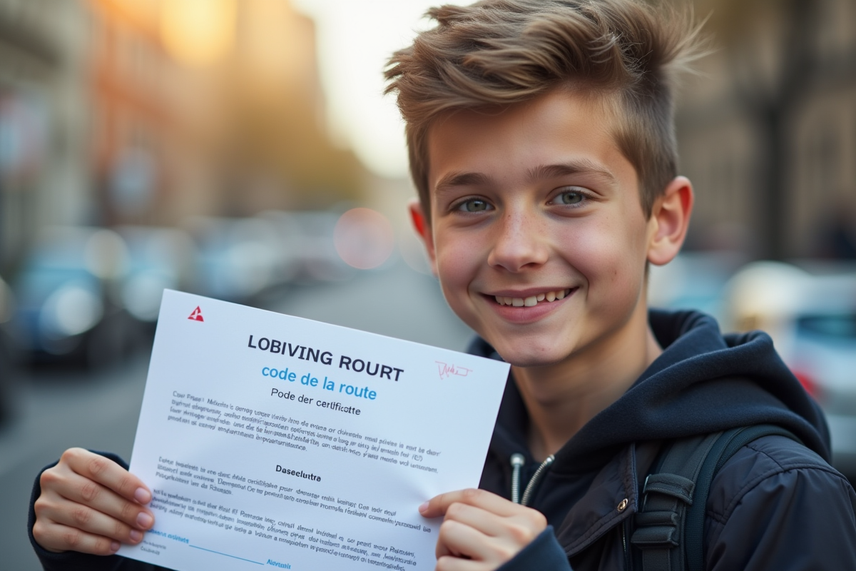 Jeune adulte tenant un certificat de code de la route en extérieur
