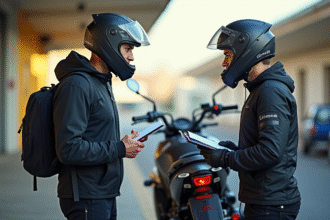 Jeune homme en équipement moto discutant avec instructeur à côté d'une moto moderne