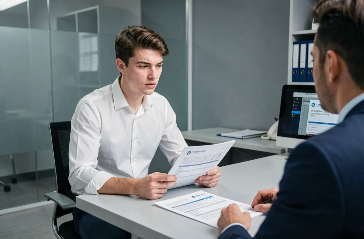 Jeune conducteur en rendez-vous avec un conseiller assurance automobile