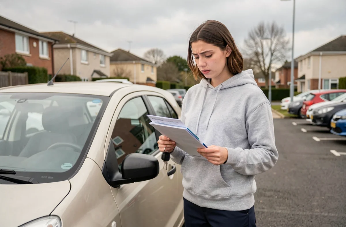Jeune femme tenant des documents d'assurance auto près de sa voiture, illustrant la durée de la surprime jeune conducteur