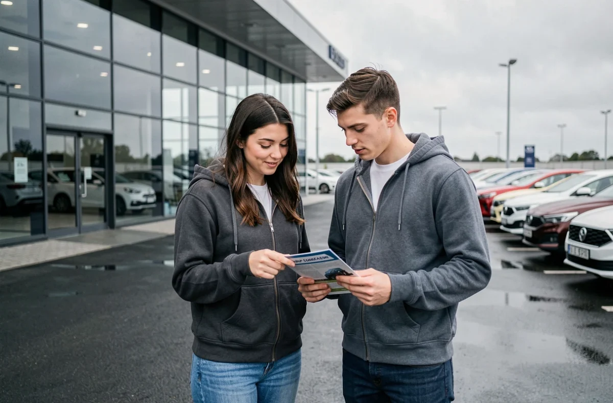 Jeune couple discutant d'assurance auto devant un concessionnaire automobile