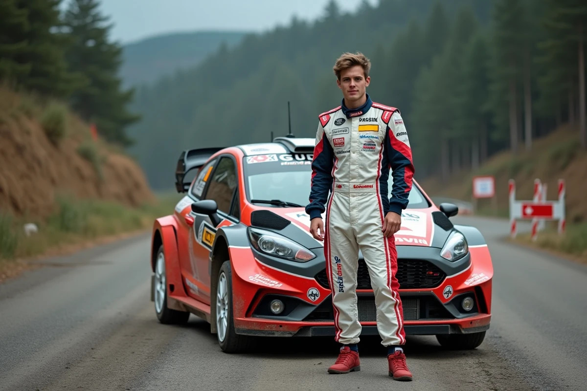 Jeune pilote rallye avec voiture en forêt