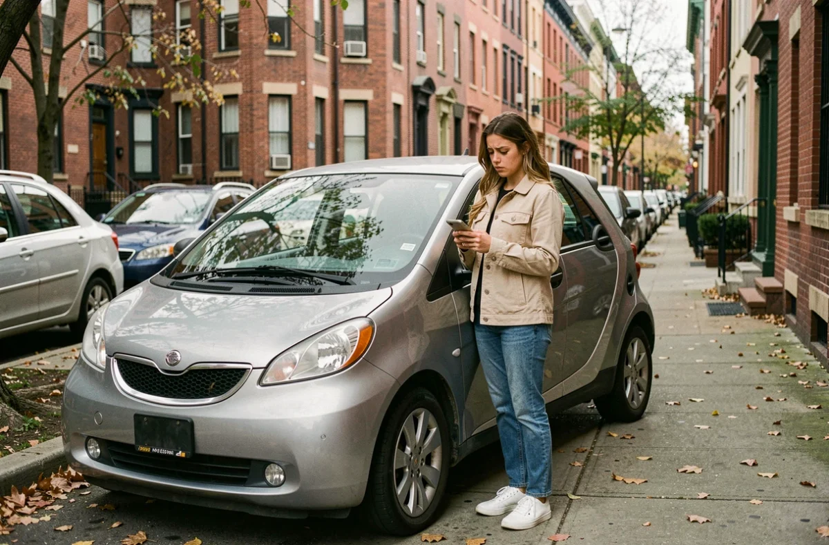Jeune femme conductrice tenant son smartphone près de sa voiture en ville
