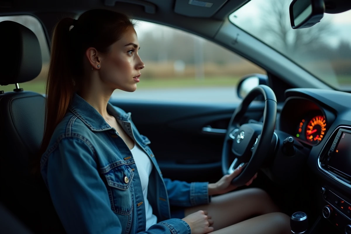 Jeune femme dans sa voiture regardant le tableau de bord