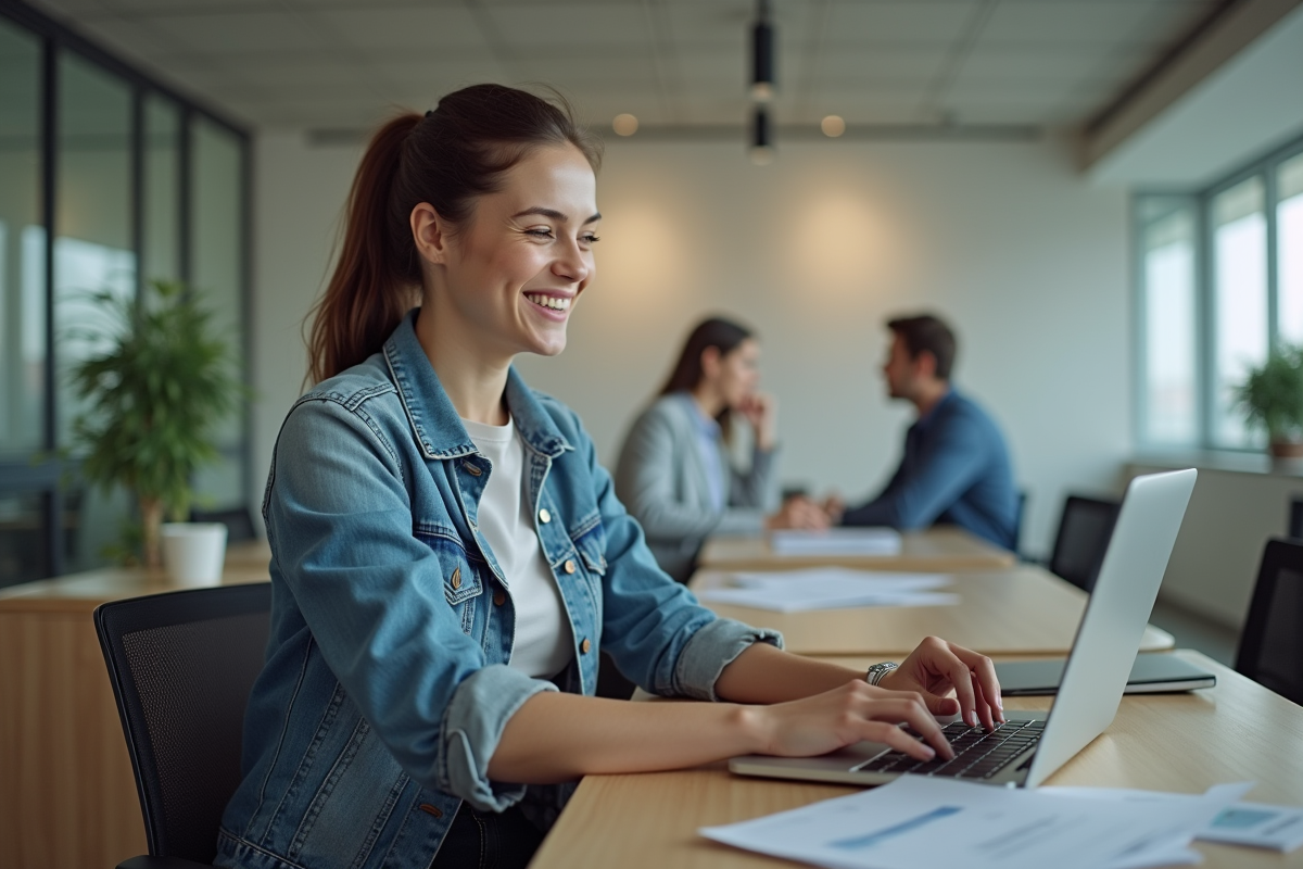 Jeune femme souriante en banque pour financement voiture