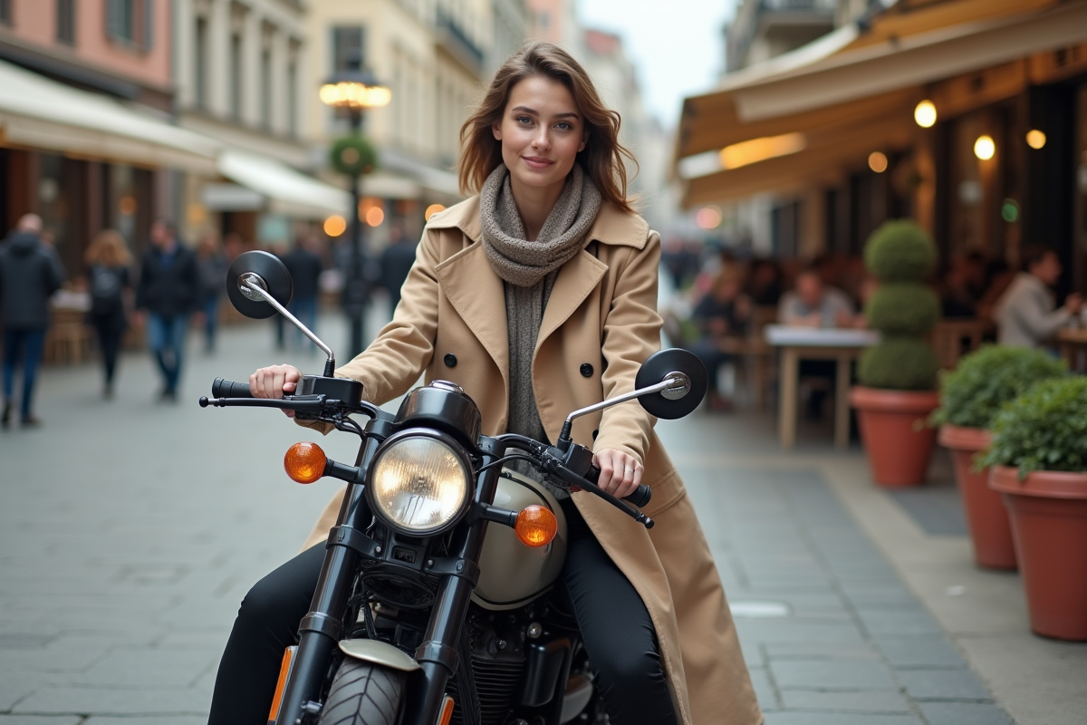 Jeune femme en trench sur moto dans un café urbain