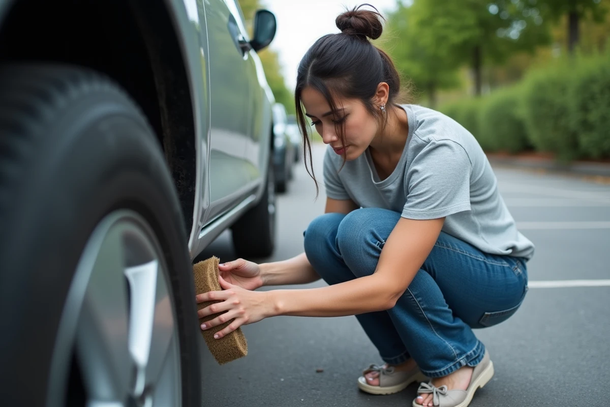 Jeune femme nettoyant un pneu avec une brosse dans un parking urbain