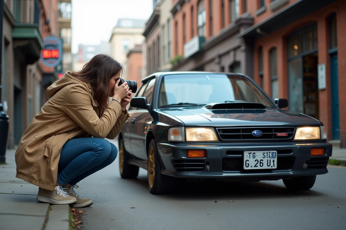 Jeune femme photographiant une Subaru WRX en ville nostalgique