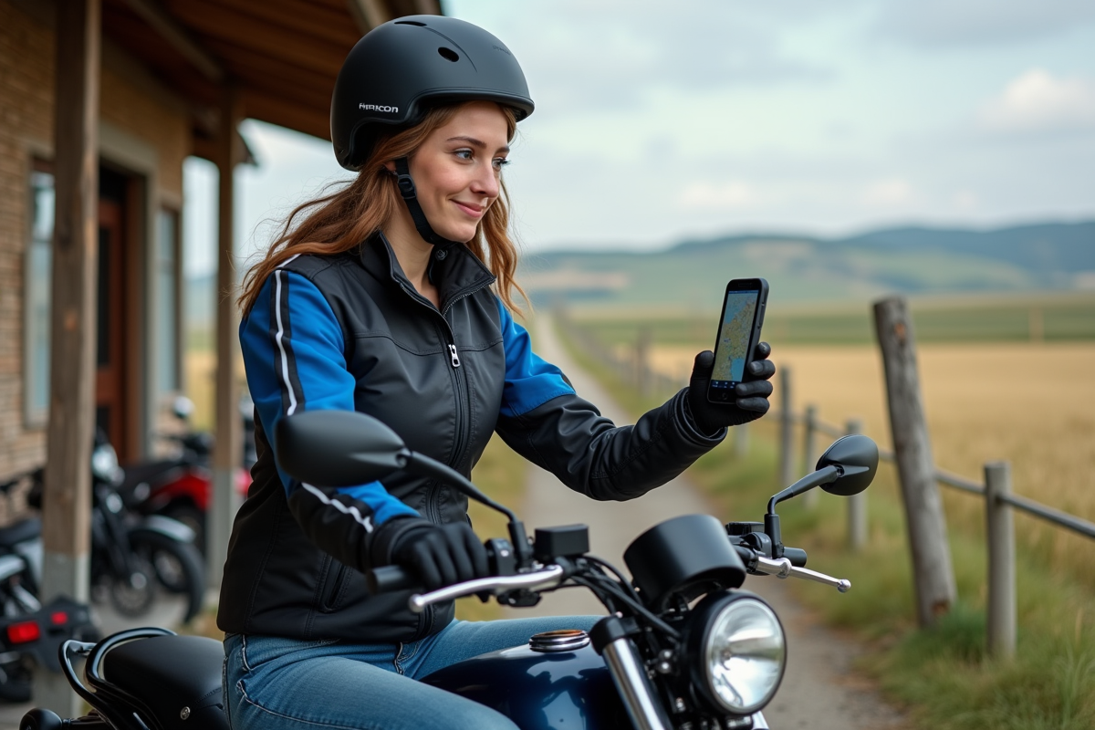 Jeune femme regardant son GPS sur une moto en campagne