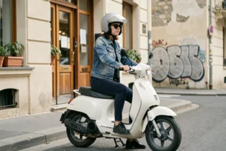 Jeune femme avec un casque gris assise sur un scooter 50cc blanc garé devant un immeuble parisien
