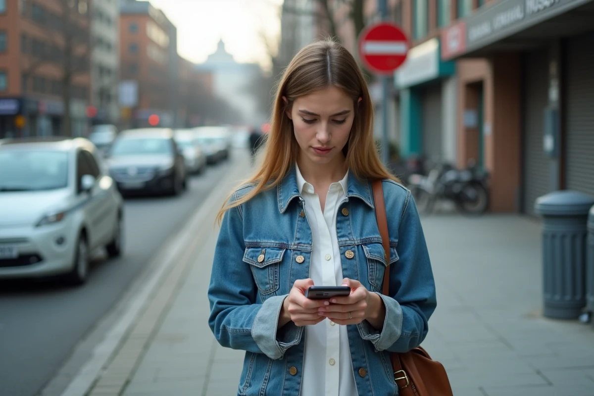 Jeune femme en denim utilise son smartphone dans la rue