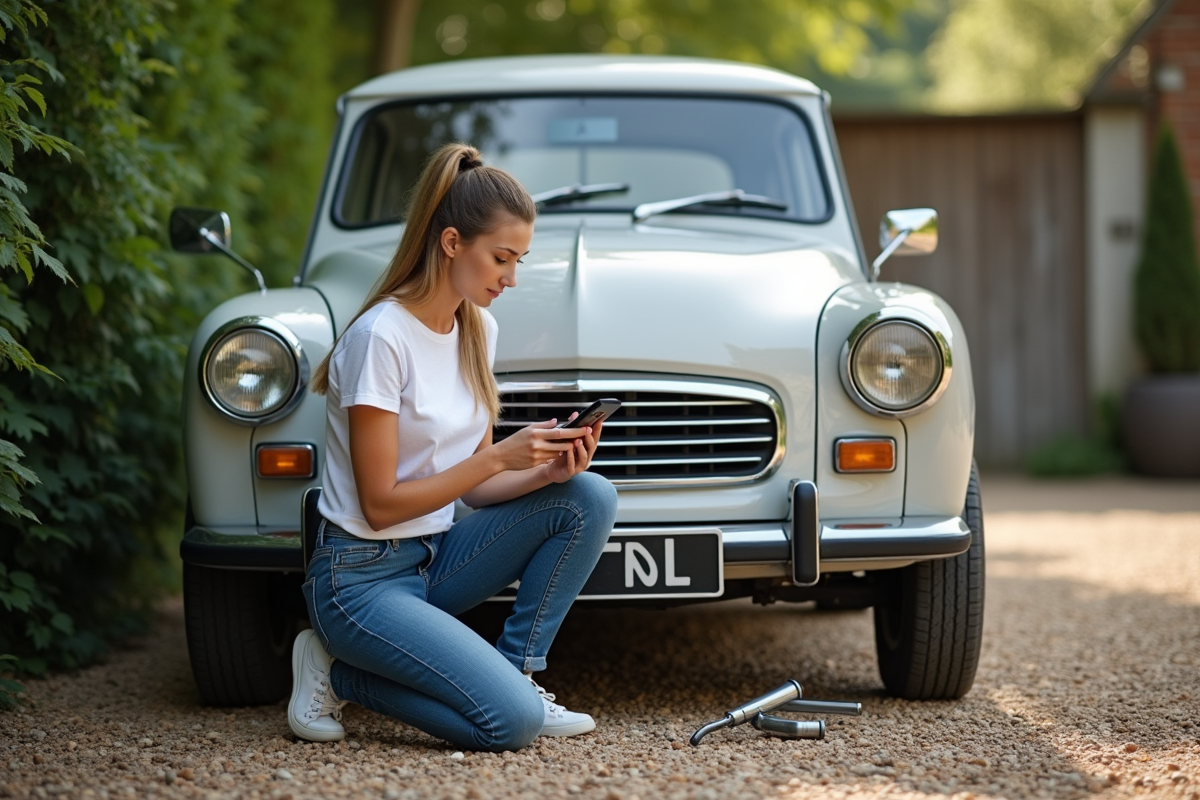 Jeune femme consulte une check-list près d une Citroen P1351