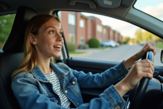 Jeune fille en denim dans une voiture en ville