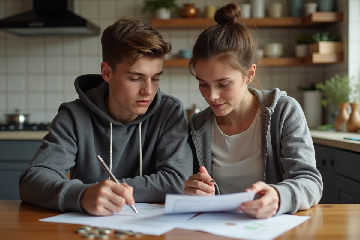 Adolescent et mère examinent des documents et des pièces de monnaie dans la cuisine