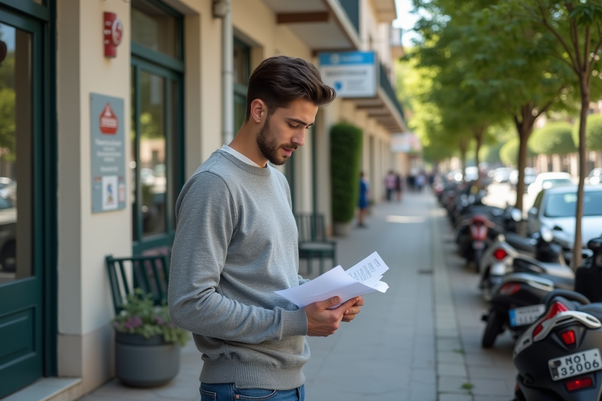 Jeune homme regardant ses papiers devant une auto école