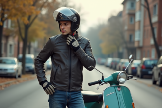 Jeune homme ajustant son casque à côté d'une mobylette