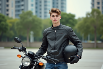 Jeune homme avec casque et veste moto devant une moto en parking