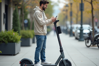 Jeune homme utilisant une application pour démarrer un scooter électrique