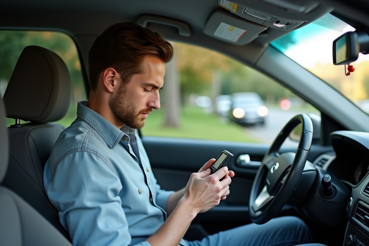 Jeune homme vérifiant un alcootest dans sa voiture