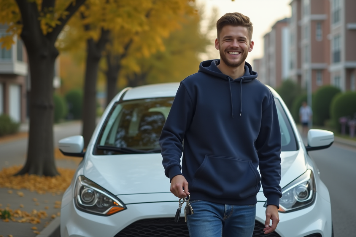 Jeune homme verrouillant sa voiture dans la rue