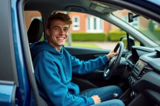 Jeune homme souriant dans sa voiture citadine en rue résidentielle