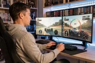 Joueur de jeux vidéo de course regardant un écran affichant une conversion de vitesse mph en km/h
