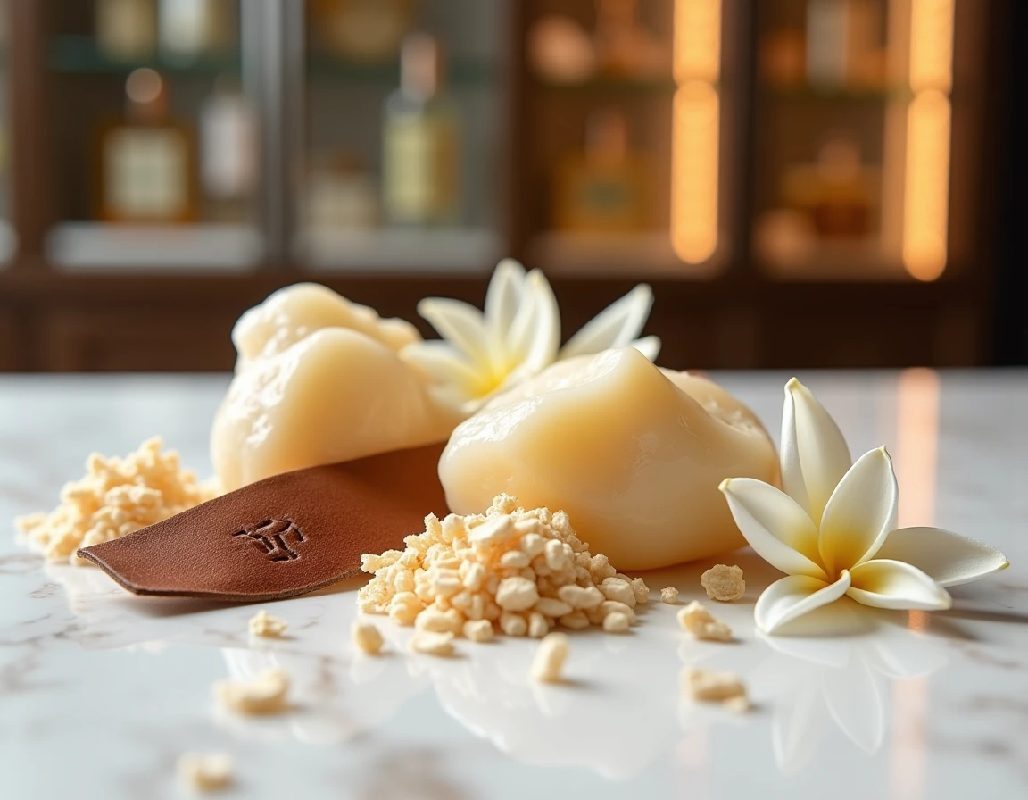 Matières premières naturelles pour parfum haut de gamme sur marbre blanc, incluant bois de santal, jasmin, résine et cuir, pour une fragrance personnalisée de luxe