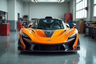 McLaren F1 vue de trois quarts avant dans un garage privé, détails carrosserie carbone et cockpit central visible