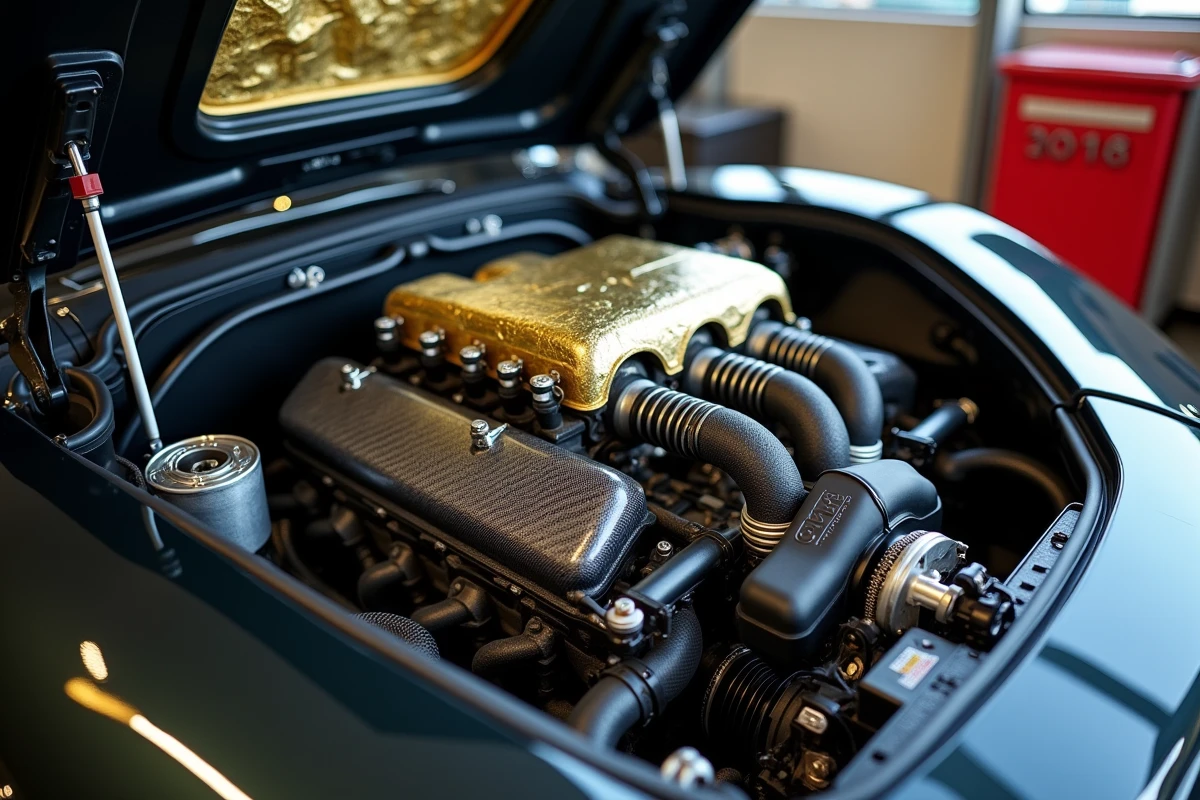 Compartiment moteur BMW V12 de la McLaren F1 recouvert de feuille d'or thermique, détails mécaniques ultra-précis