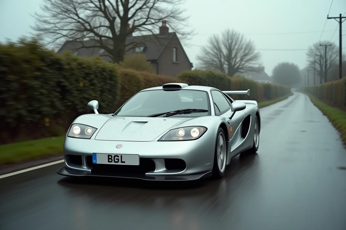McLaren F1 argent en mouvement sur une route britannique mouillée en automne, prise de vue filée dynamique