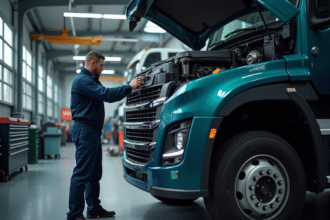 Mécanicien professionnel en uniforme effectuant la maintenance d'un camion de 19 tonnes dans un garage moderne