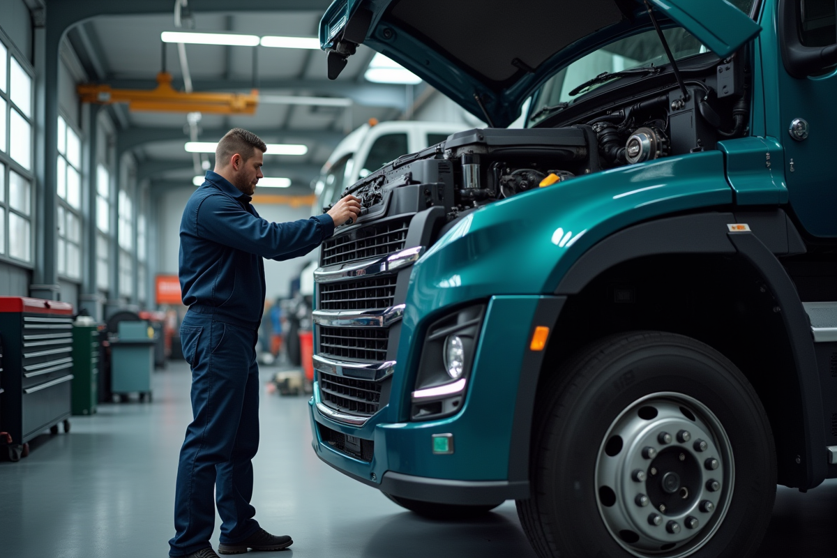 Mécanicien professionnel en uniforme effectuant la maintenance d'un camion de 19 tonnes dans un garage moderne