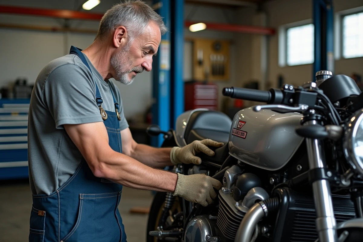 Mécanicien installant un échappement aftermarket sur un moteur Suzuki GSXR 1100 de 1992 lors d'une modification respectueuse de l'original