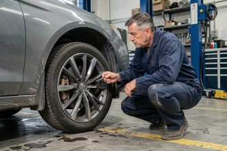 Mécanicien professionnel inspectant l'alignement des roues d'une voiture surélevée dans un garage automobile