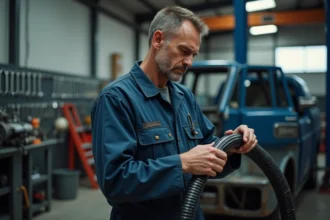 Mécanicien professionnel inspectant une durite Avia en caoutchouc dans un atelier automobile équipé