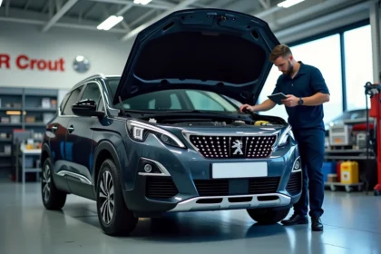 Mécanicien inspectant un Peugeot 3008 dans un centre de service officiel lors d'une campagne de rappel constructeur
