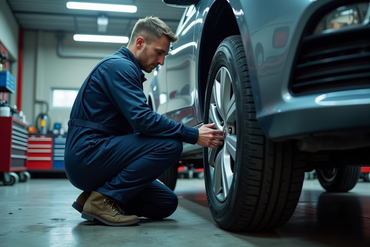 Mécanicien inspectant un pneu avant usé dans un garage automobile pour diagnostiquer bruits et vibrations