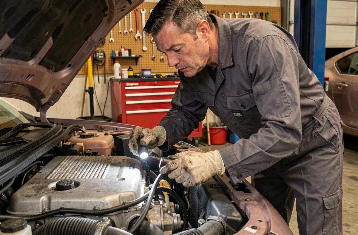 Mécanicien inspectant le moteur boxer FA20 d'une Toyota 86 dans un atelier professionnel