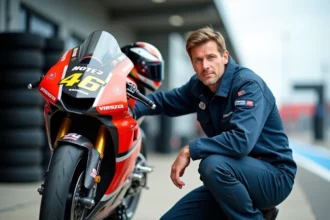 Mécanicien professionnel inspectant une moto Moto3 dans le paddock d'un circuit de course