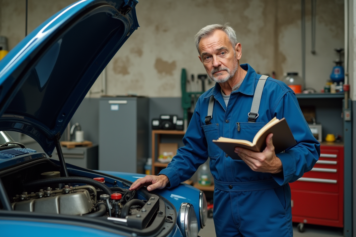 Mécanicien homme en overalls examine un moteur Citroen P1351