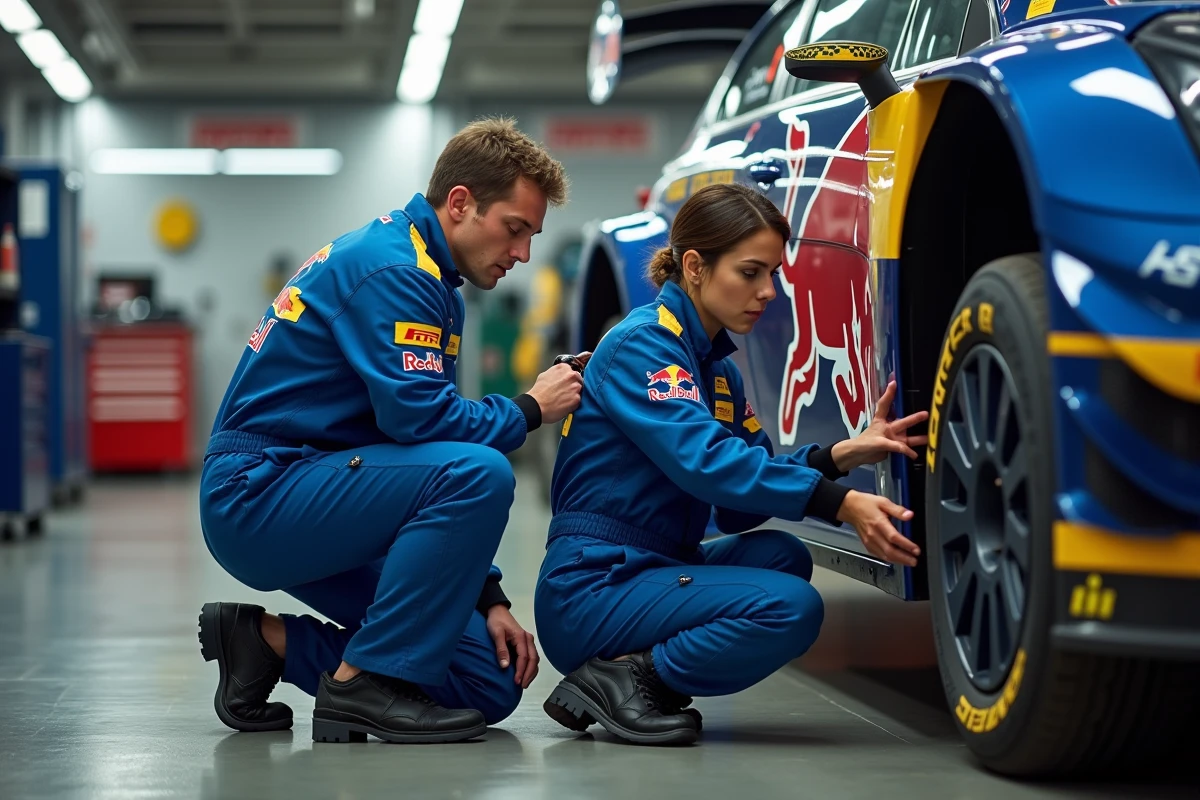 Deux mécaniciens ajustant un pneu de voiture de rallye en garage