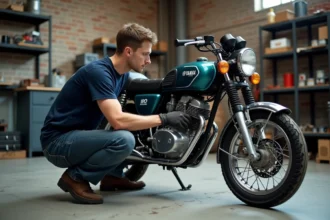 Jeune mécanicien inspectant le moteur d'un Yamaha TZR 50cc lors du rodage dans un garage